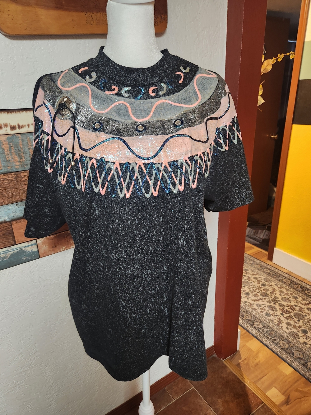 VTG 1980s K.W.B.L. LA Hand Painted Sequin Embellished Wearable Art Shirt